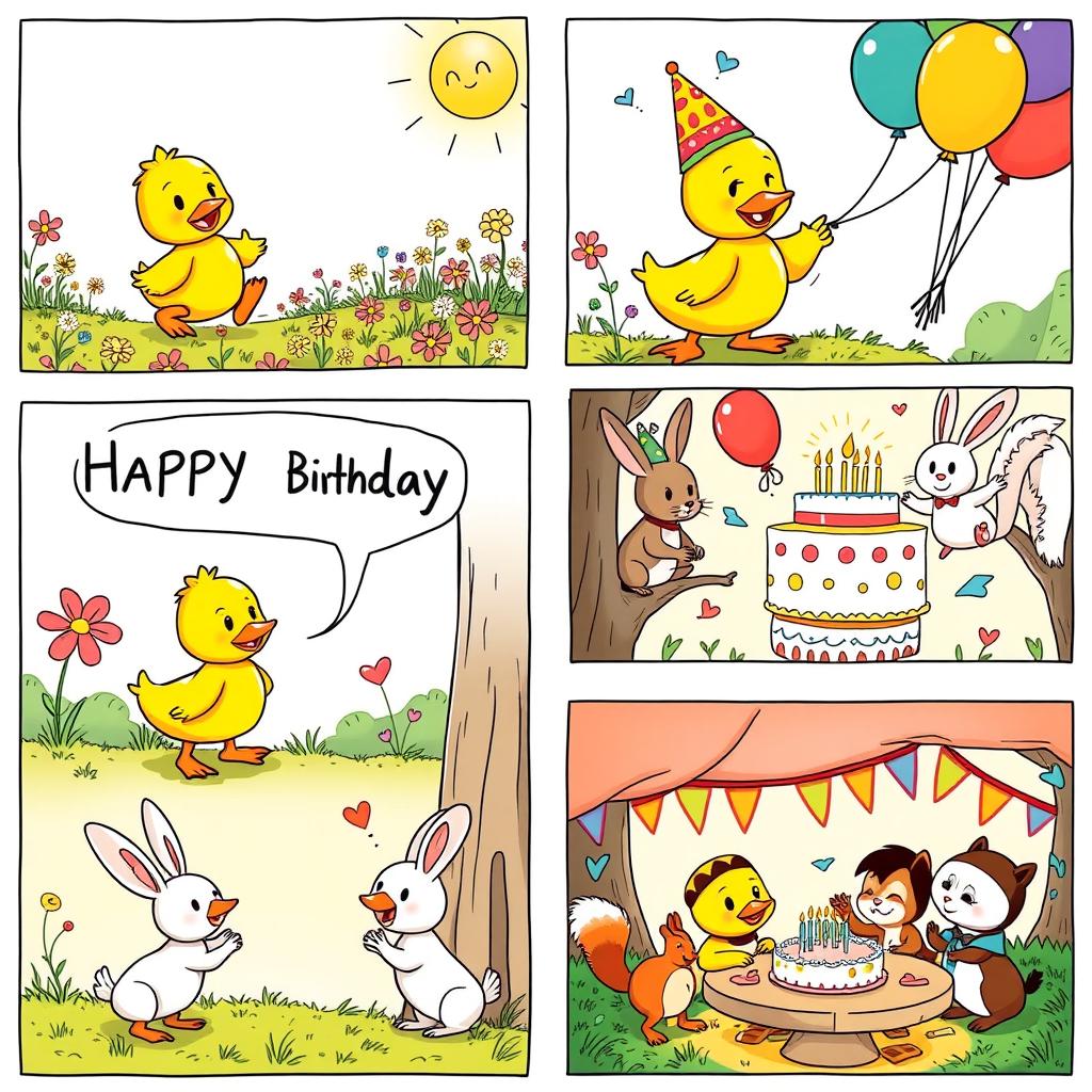 A colorful comic strip depicting a cheerful yellow duckling celebrating its birthday