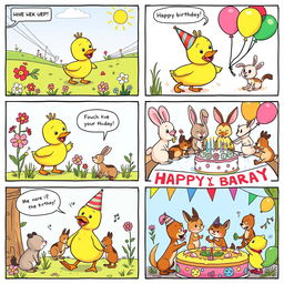 A colorful comic strip depicting a cheerful yellow duckling celebrating its birthday