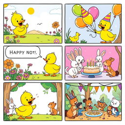 A colorful comic strip depicting a cheerful yellow duckling celebrating its birthday