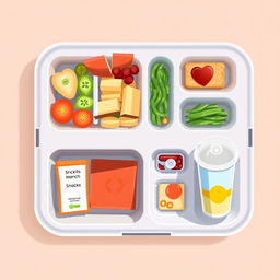 An illustration of a lunchbox viewed from the top, shaped as a rectangle, featuring eight distinct divisions inside