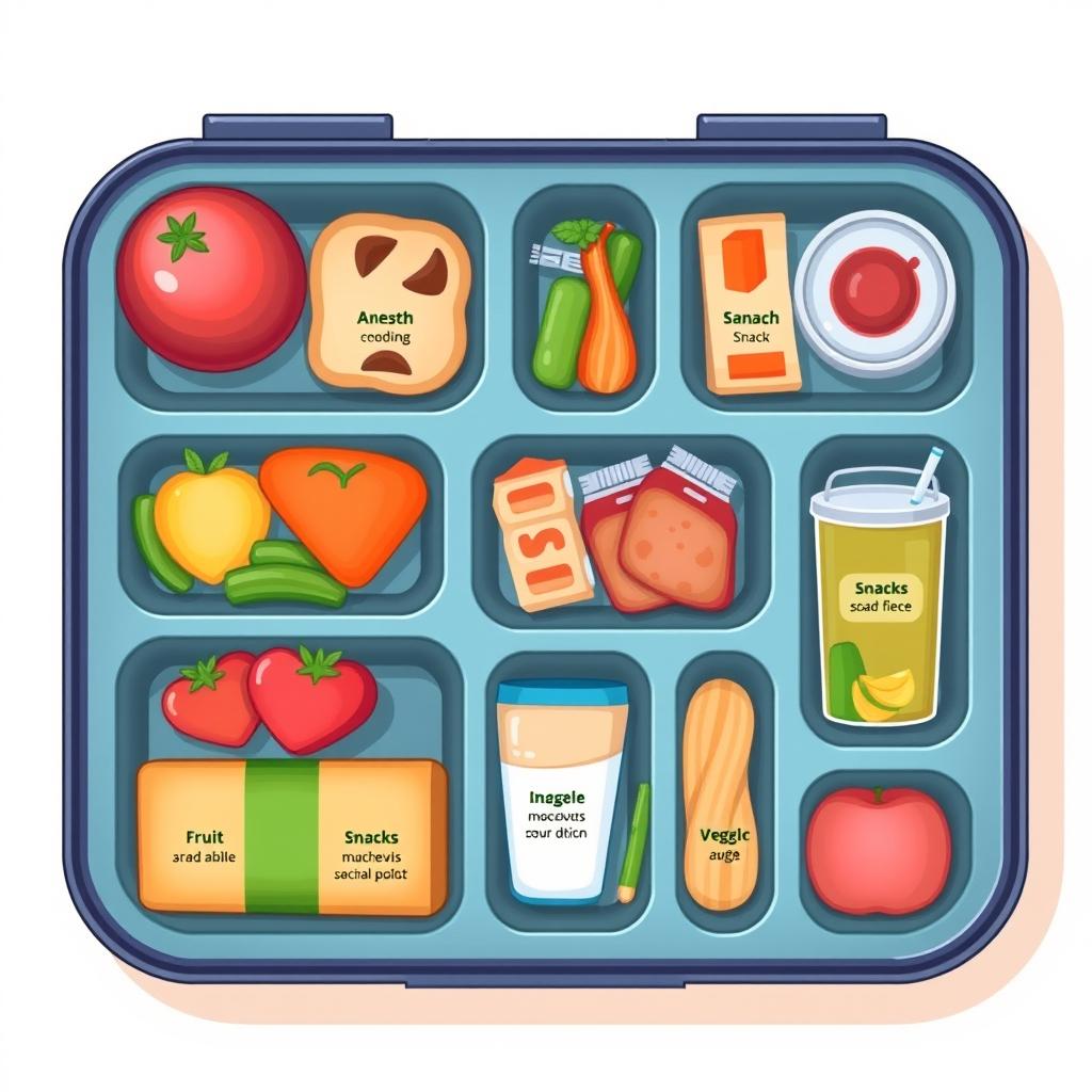 An illustration of a lunchbox viewed from the top, shaped as a rectangle, featuring eight distinct divisions inside