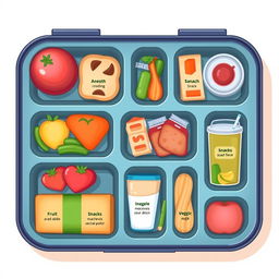 An illustration of a lunchbox viewed from the top, shaped as a rectangle, featuring eight distinct divisions inside