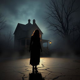 A haunting book cover design for a horror-thriller story that centers around an eerie house and the shadow of a burnt-faced lady ghost