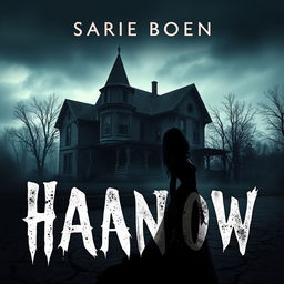 A haunting book cover design for a horror-thriller story that centers around an eerie house and the shadow of a burnt-faced lady ghost
