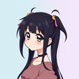 An anime-style profile picture of a girl with long black hair styled into two playful ponytails, each secured with colorful hair ties
