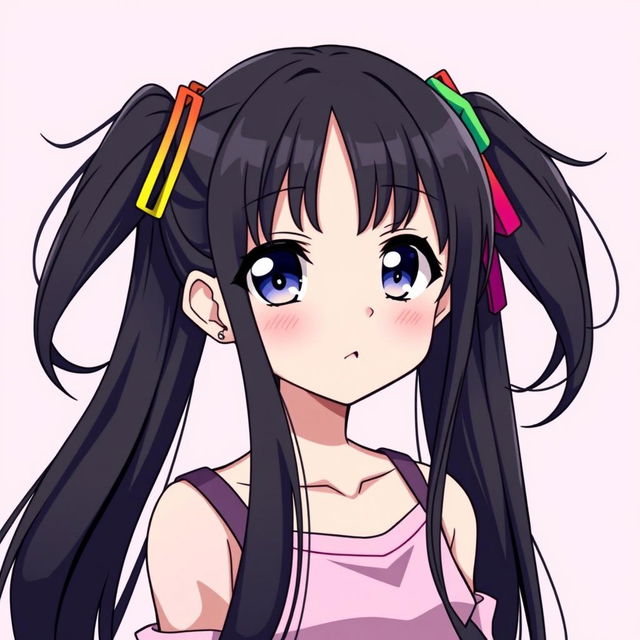 An anime-style profile picture of a girl with long black hair styled into two playful ponytails, each secured with colorful hair ties