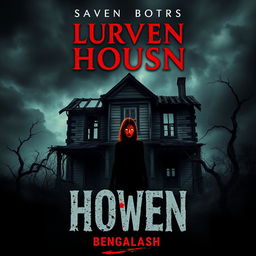 A spine-chilling book cover design for a horror-thriller story set in Bangladesh, featuring an old burnt house at the center of the composition