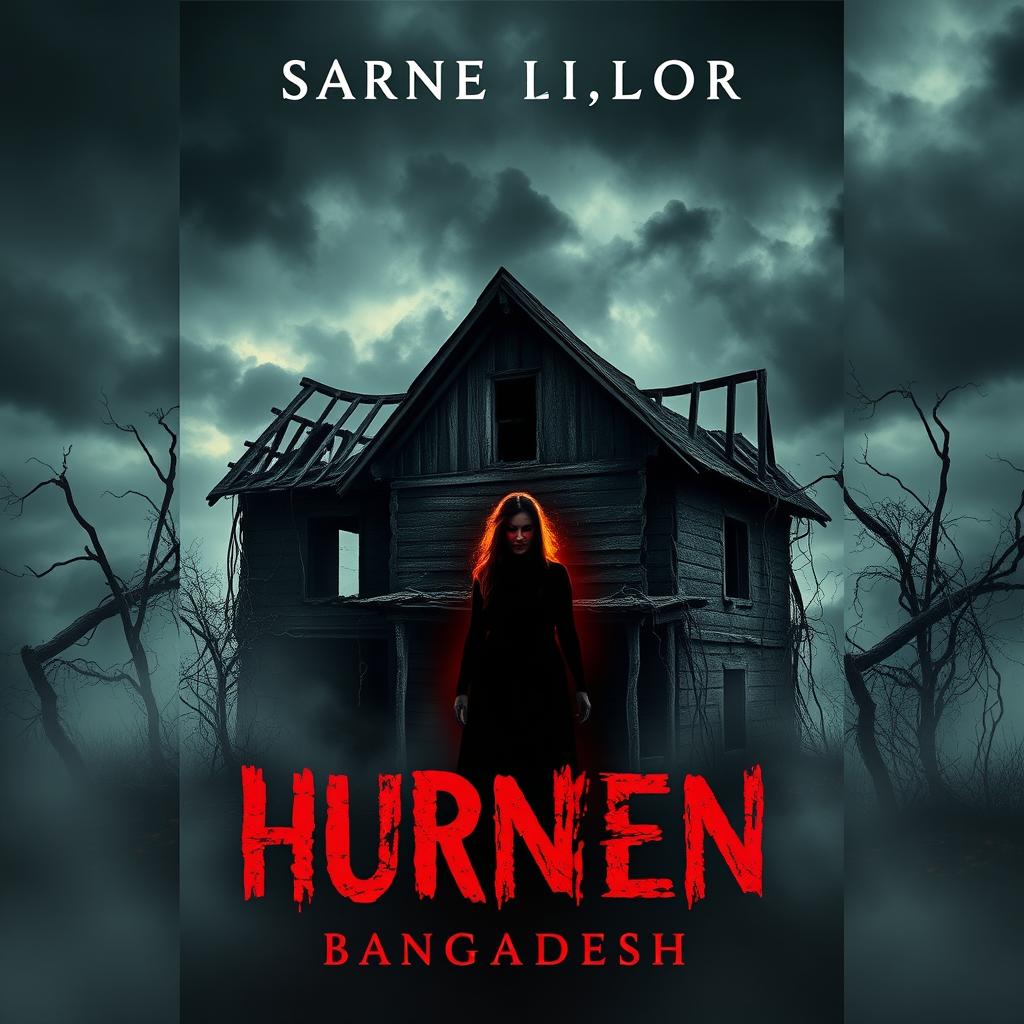 A spine-chilling book cover design for a horror-thriller story set in Bangladesh, featuring an old burnt house at the center of the composition