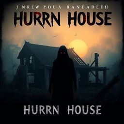 A haunting cover design for a horror-thriller story, featuring an old burnt house set in Bangladesh as the central focus