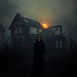 A haunting cover design for a horror-thriller story, featuring an old burnt house set in Bangladesh as the central focus