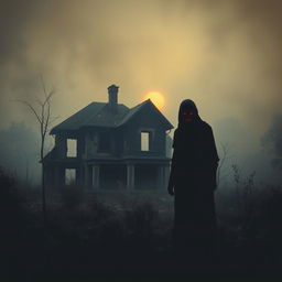 A haunting cover design for a horror-thriller story, featuring an old burnt house set in Bangladesh as the central focus