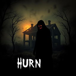 A haunting cover design for a horror-thriller story, featuring an old burnt house set in Bangladesh as the central focus