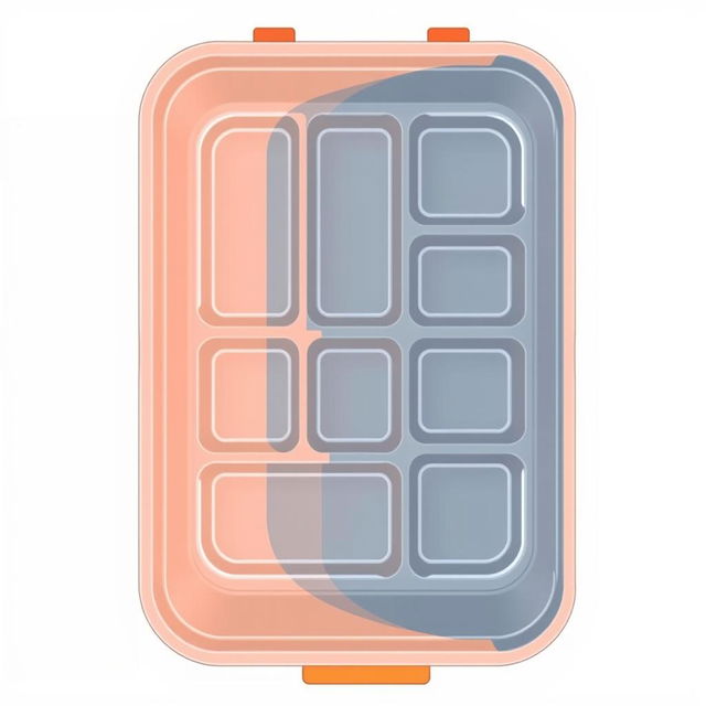 An illustration of a lunchbox viewed from the top, shaped as a rectangle, featuring eight distinct divisions