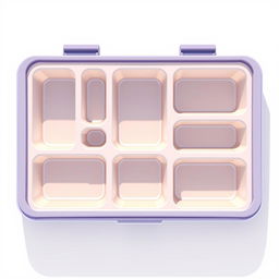 An illustration of a lunchbox viewed from the top, shaped as a rectangle, featuring eight distinct divisions