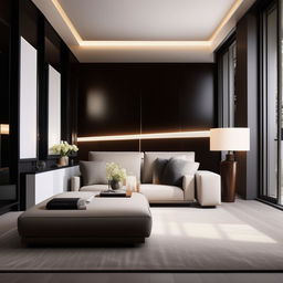 Design a modern room of dimension 12ft by 15ft, filled with contemporary furniture, clean lines, and sleek, subtle sophistication.