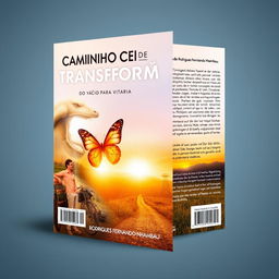 A book cover design featuring the title 'CAMINHO DE TRANSFORMAÇÃO' prominently displayed at the top in bold, inspiring typography