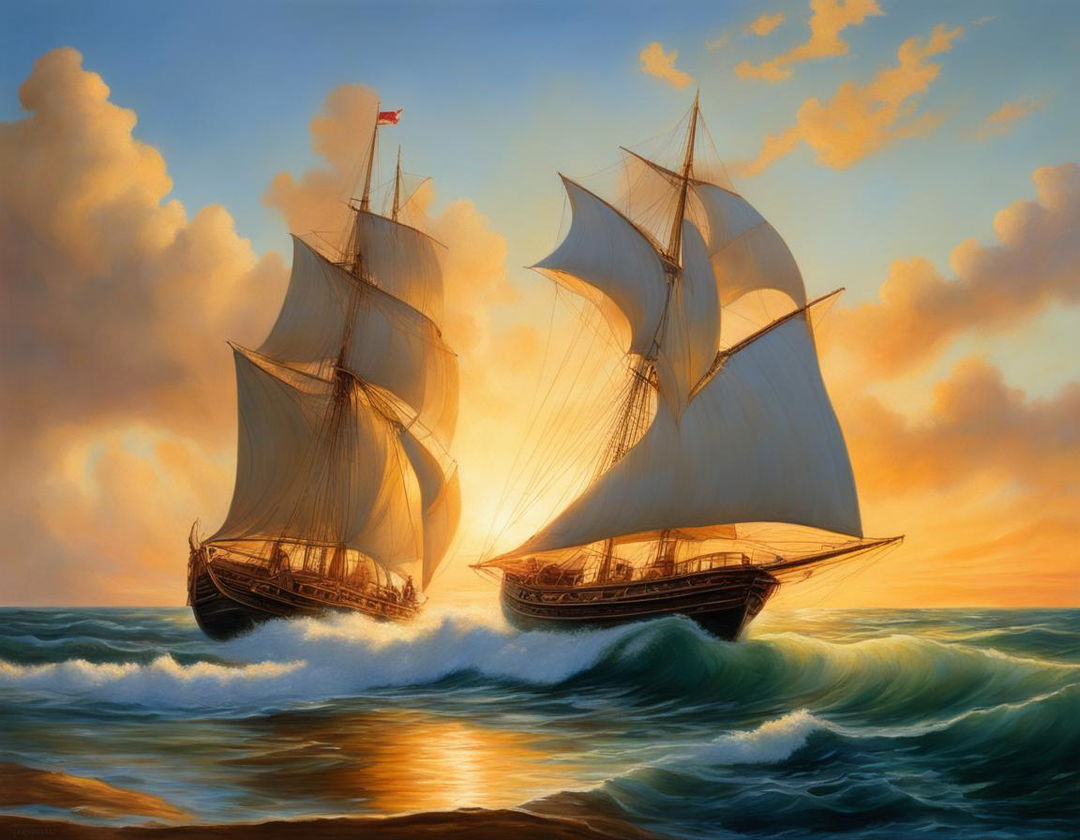 Fine art oil painting of Art Nouveau-inspired Atlantis emerging from sea at sunrise with 17th-century sailboat in foreground