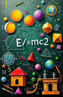 A vivid and colorful illustration of various mathematical concepts, including geometric shapes like circles, triangles, and squares, equations like E=mc² and the Pythagorean theorem, alongside elements like a graph, a compass, and numbers swirling in the background