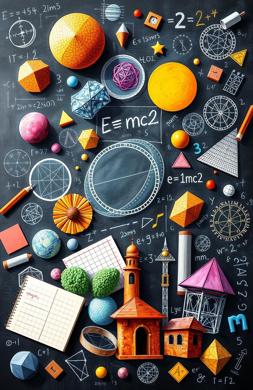 A vivid and colorful illustration of various mathematical concepts, including geometric shapes like circles, triangles, and squares, equations like E=mc² and the Pythagorean theorem, alongside elements like a graph, a compass, and numbers swirling in the background