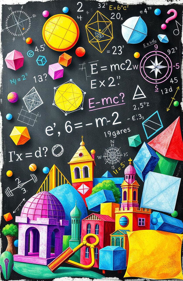 A vivid and colorful illustration of various mathematical concepts, including geometric shapes like circles, triangles, and squares, equations like E=mc² and the Pythagorean theorem, alongside elements like a graph, a compass, and numbers swirling in the background