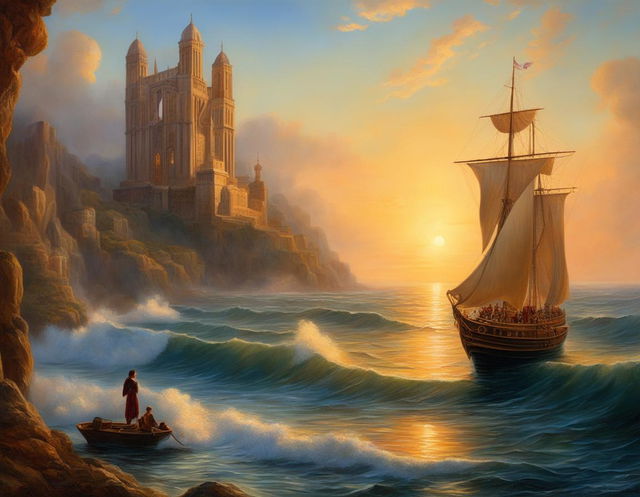 Fine art oil painting of Art Nouveau-inspired Atlantis emerging from sea at sunrise with 17th-century sailboat in foreground