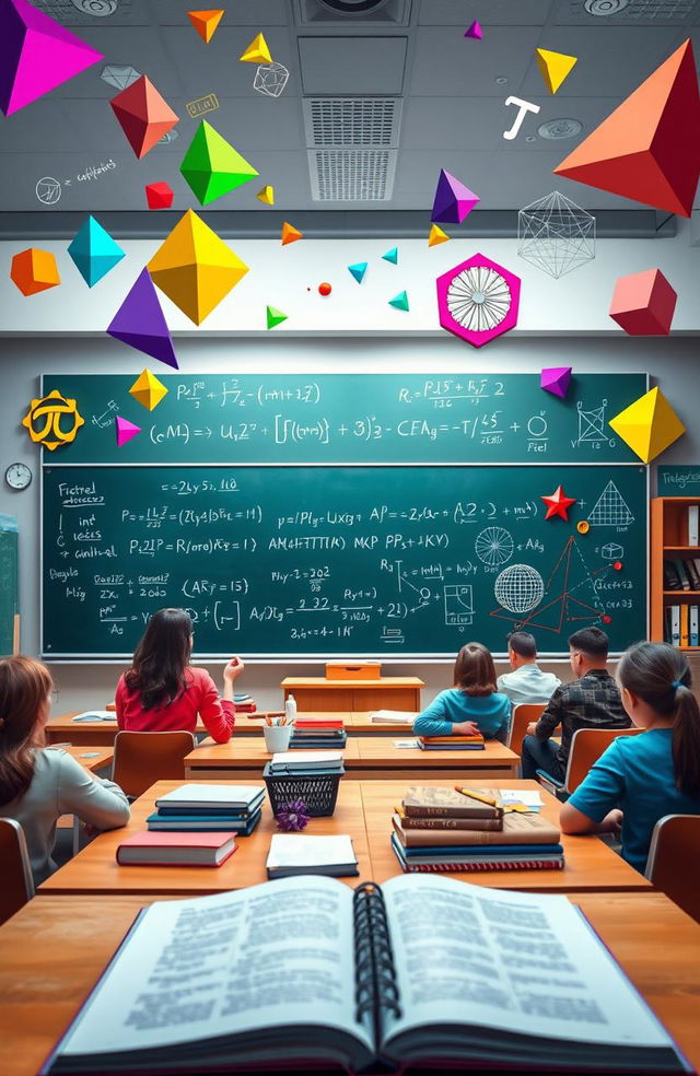 An abstract representation of mathematics, featuring vibrant geometric shapes, equations, and symbols such as pi (π), infinity (∞), and integrals