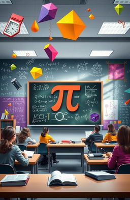 An abstract representation of mathematics, featuring vibrant geometric shapes, equations, and symbols such as pi (π), infinity (∞), and integrals