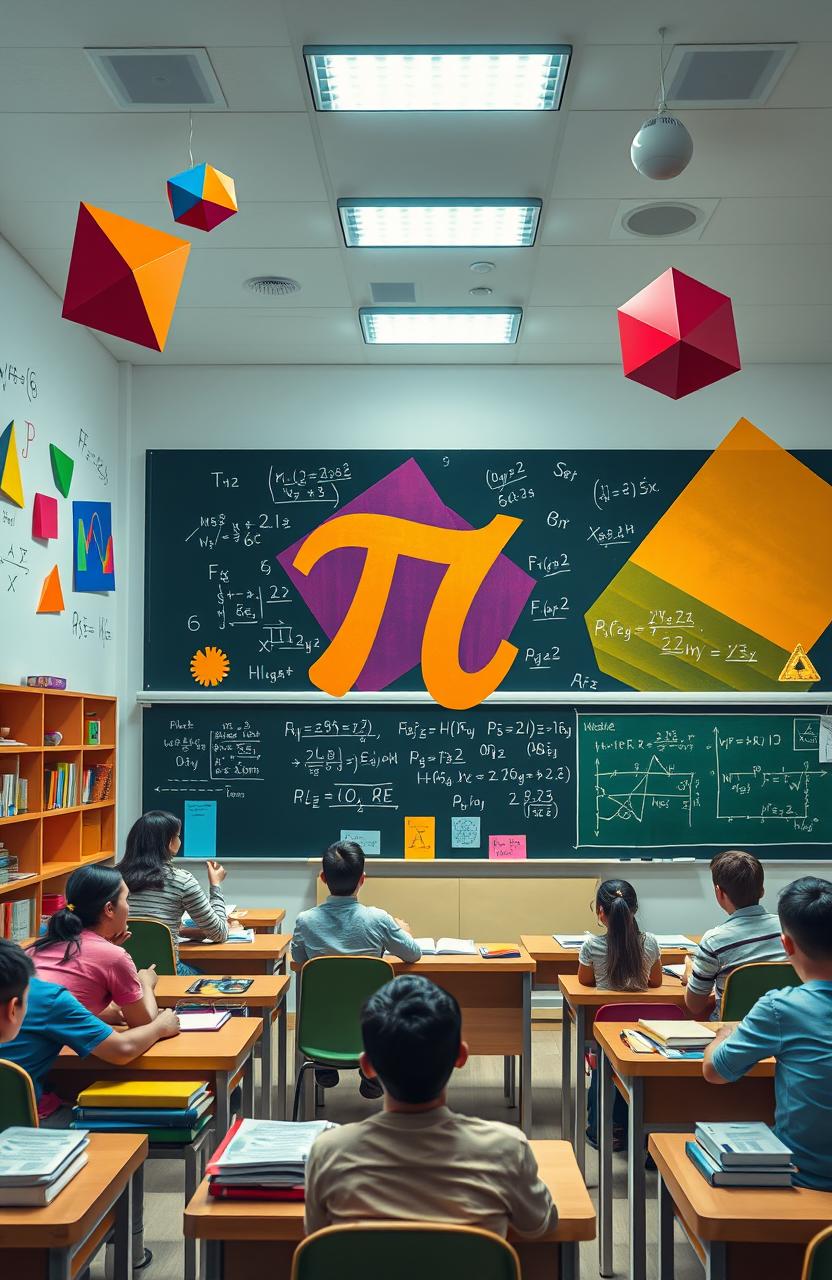 An abstract representation of mathematics, featuring vibrant geometric shapes, equations, and symbols such as pi (π), infinity (∞), and integrals