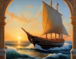 Fine art oil painting of Art Nouveau-inspired Atlantis emerging from sea at sunrise with 17th-century sailboat in foreground