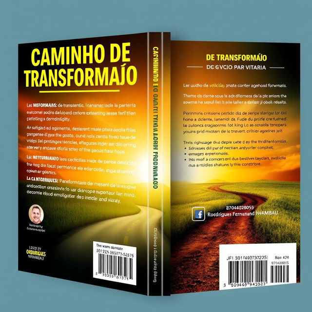 Design cover (front and back) for a book titled "CAMINHO DE TRANSFORMAÇÃO" with the subtitle "DO VÍCIO PARA VITÓRIA", authored by "RODRIGUES FERNANDO NHAMBAU"