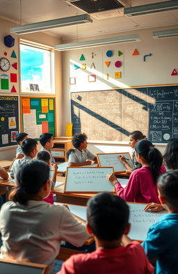 A visually captivating classroom scene focused on mathematics, showcasing a diverse group of students engaged in solving equations on whiteboards