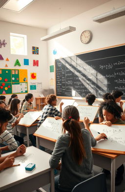 A visually captivating classroom scene focused on mathematics, showcasing a diverse group of students engaged in solving equations on whiteboards