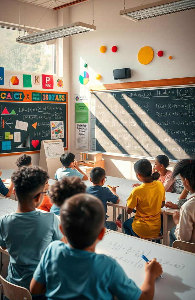 A visually captivating classroom scene focused on mathematics, showcasing a diverse group of students engaged in solving equations on whiteboards