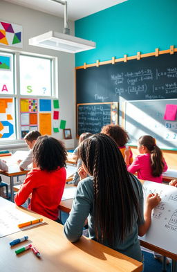 A visually captivating classroom scene focused on mathematics, showcasing a diverse group of students engaged in solving equations on whiteboards