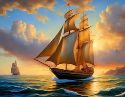 Fine art oil painting of Art Nouveau-inspired Atlantis emerging from sea at sunrise with 17th-century sailboat in foreground