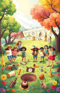 A whimsical illustration of a summer teaching adventure transforming into a vibrant treasure hunt through time