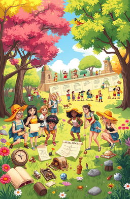 A whimsical illustration of a summer teaching adventure transforming into a vibrant treasure hunt through time