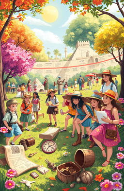 A whimsical illustration of a summer teaching adventure transforming into a vibrant treasure hunt through time