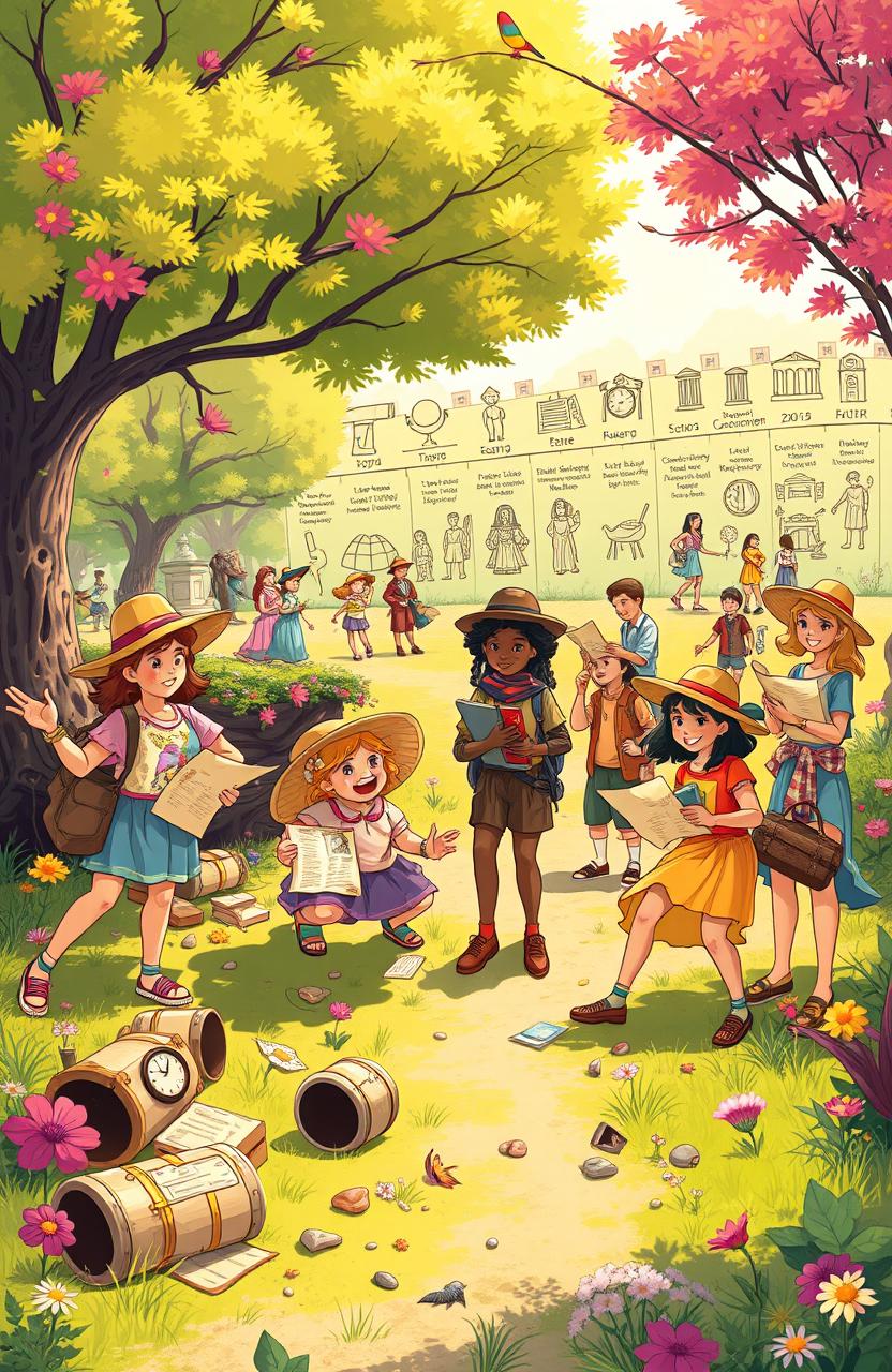 A whimsical illustration of a summer teaching adventure transforming into a vibrant treasure hunt through time