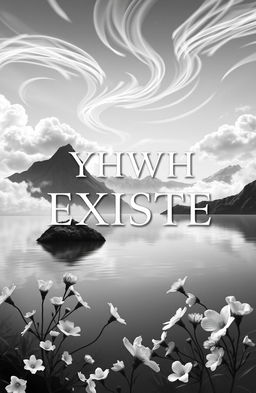 A book cover for 'YHWH EXISTE', featuring a paradise-inspired scene in black and white