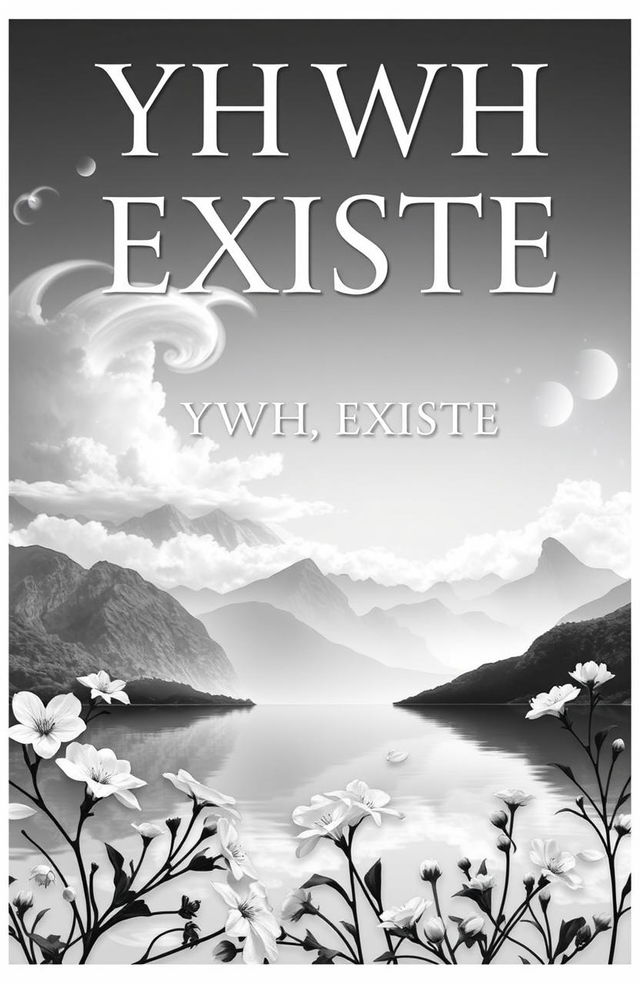 A book cover for 'YHWH EXISTE', featuring a paradise-inspired scene in black and white