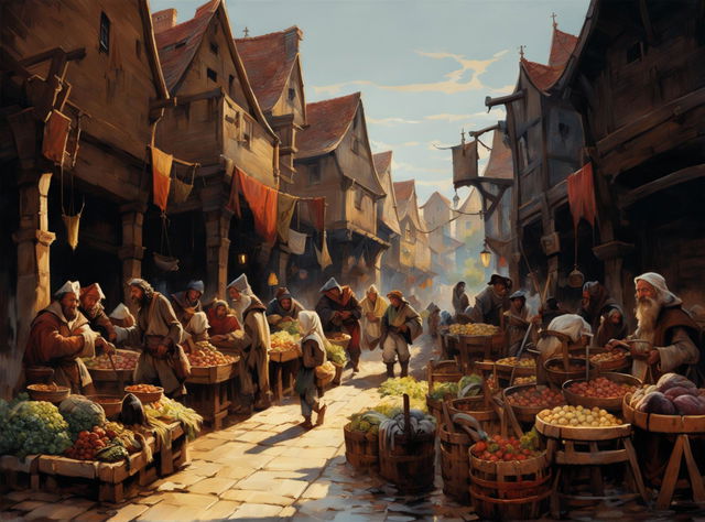 A bustling medieval marketplace in an early morning fine art oil painting