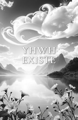 A book cover for 'YHWH EXISTE', featuring a paradise-inspired scene in black and white