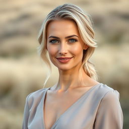 A 35-year-old woman with fair skin and blonde hair, showcasing a European appearance