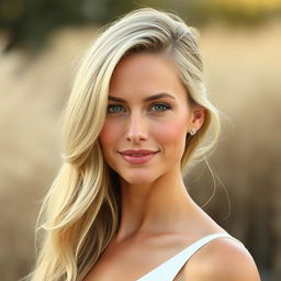 A 35-year-old woman with fair skin and blonde hair, showcasing a European appearance