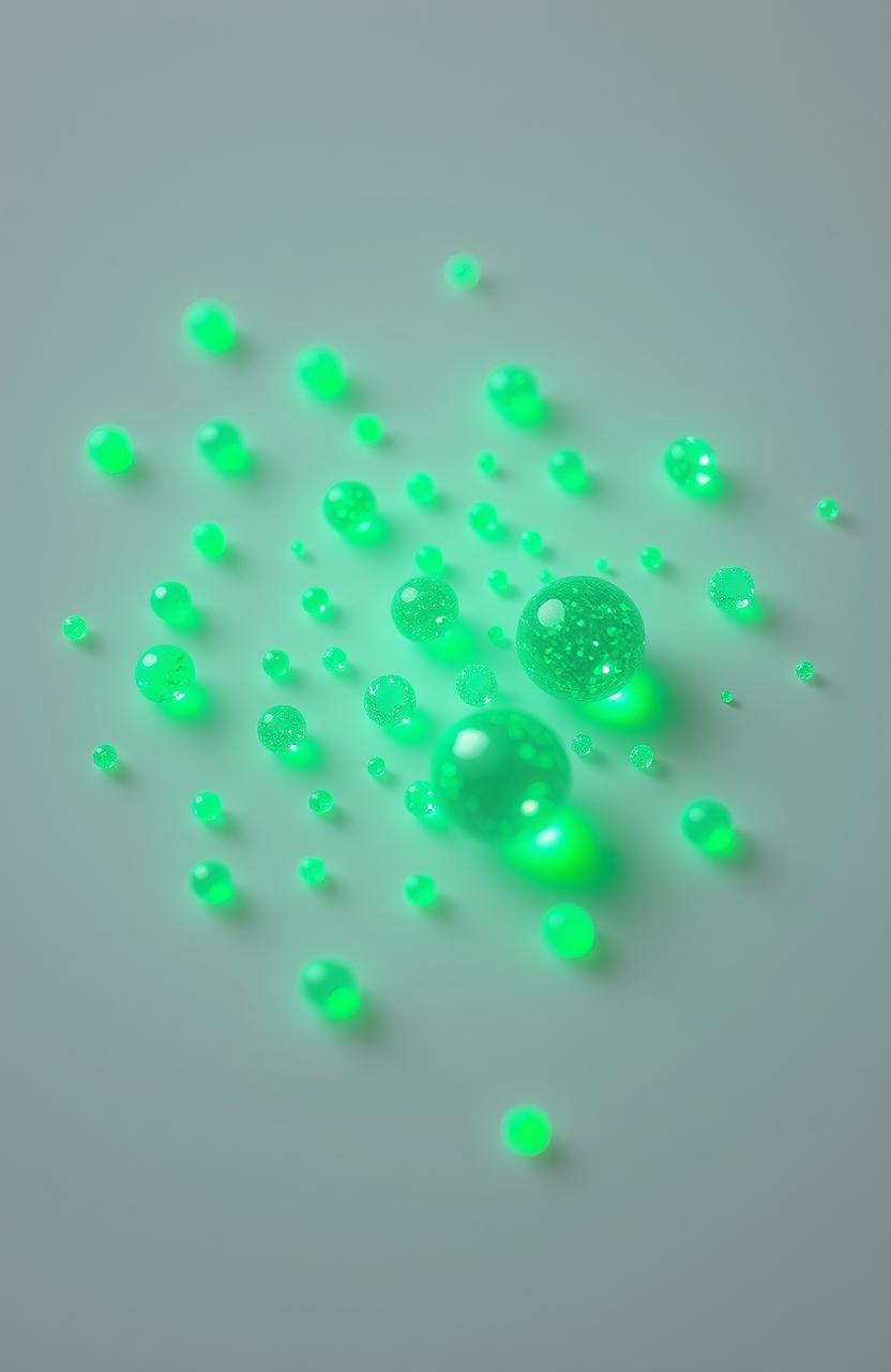 Nanoparticles and carbon quantum dots glowing green-blue on a white background, intricately detailed and vivid, displaying their luminescence with a captivating sparkle