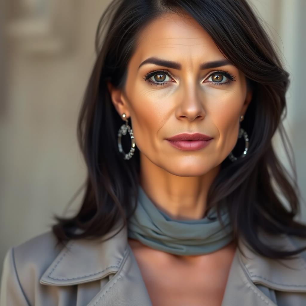 A beautiful woman aged between 35 and 45 years, with dark hair, wearing stylish clothing