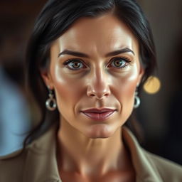 A beautiful woman aged between 35 and 45 years, with dark hair, wearing stylish clothing