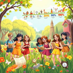 A vibrant and whimsical illustration depicting a summer teaching adventure that magically transforms into a treasure hunt through time