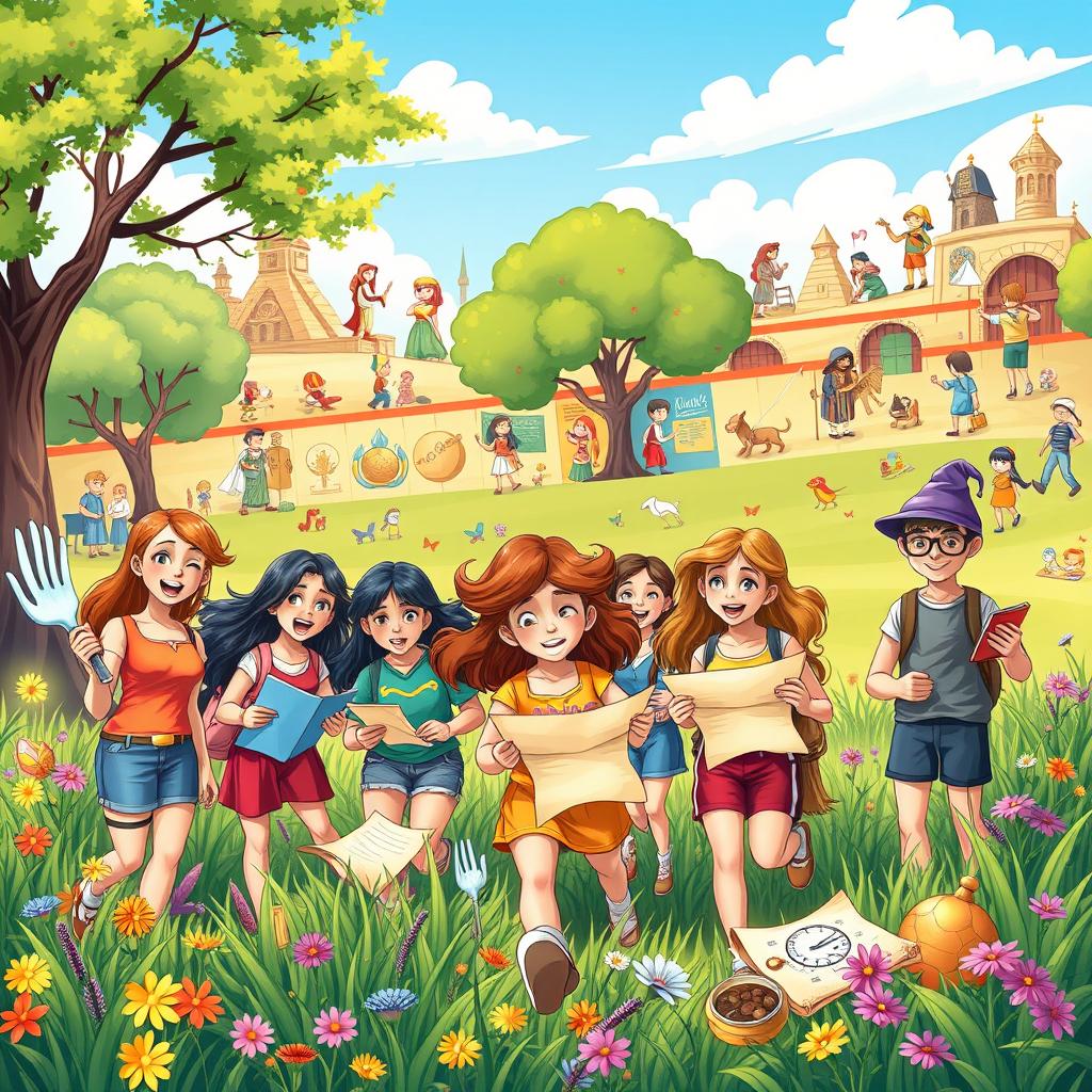 A vibrant and whimsical illustration depicting a summer teaching adventure that magically transforms into a treasure hunt through time